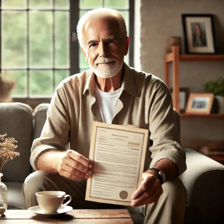 DALL·E 2024 09 20 16.06.37 A dignified elderly man sitting comfortably in his living room holding a document symbolizing his retirement pension. The scene conveys a sense of ac