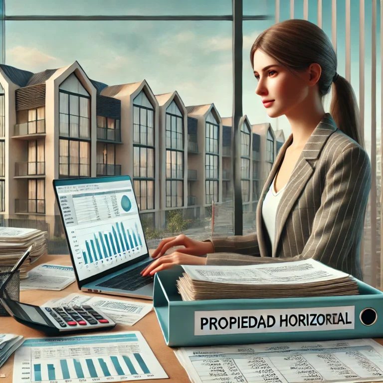 DALL·E 2024 09 20 16.30.30 An image depicting a woman managing the accounting of a residential condominium propiedad horizontal. She is seated at a desk with a laptop reviewi