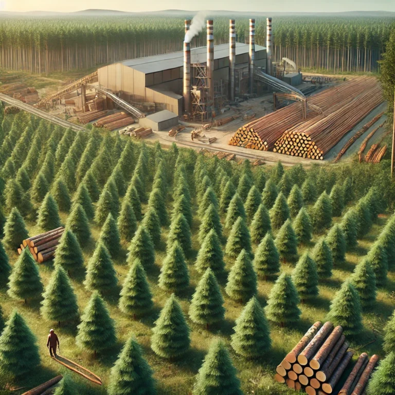 DALL·E 2024 09 20 16.34.30 An image depicting forest plantations and new sawmills. The scene shows a lush forest with rows of newly planted trees representing sustainable fores