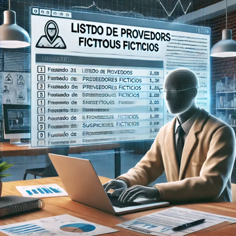 DALL·E 2024 09 20 16.50.30 An image representing the consultation of an updated list of fictitious providers. The scene features a modern office with a laptop showing a webpag