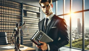 DALL·E 2024 10 04 15.53.02 A professional business executive holding a legal document or law book in one hand. The executive is dressed in formal business attire standing in a