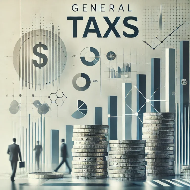 DALL·E 2024 10 25 16.05.07 Create a highly professional and abstract image representing general taxes. Include elements such as stacked coins bar charts and abstract financial