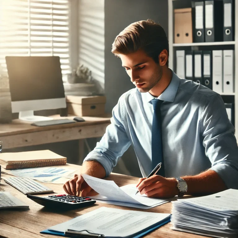 DALL·E 2024 11 14 12.39.21 Create an image depicting an accountant working on payroll. The scene should include the accountant sitting at a desk with documents a calculator an