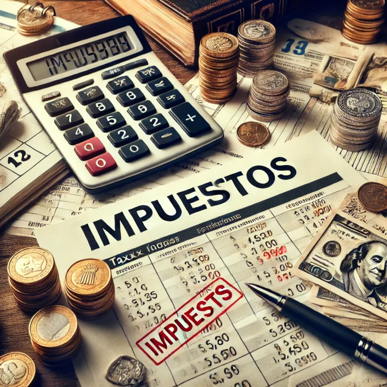 DALL·E 2024 09 20 16.23.52 An image representing taxes impuestos in a financial context. A desk filled with tax documents forms and a large calculator with Impuestos wri