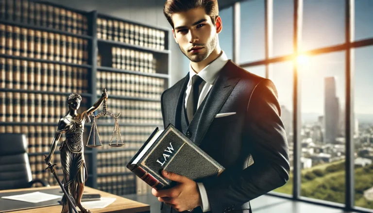 DALL·E 2024 10 04 15.53.02 A professional business executive holding a legal document or law book in one hand. The executive is dressed in formal business attire standing in a