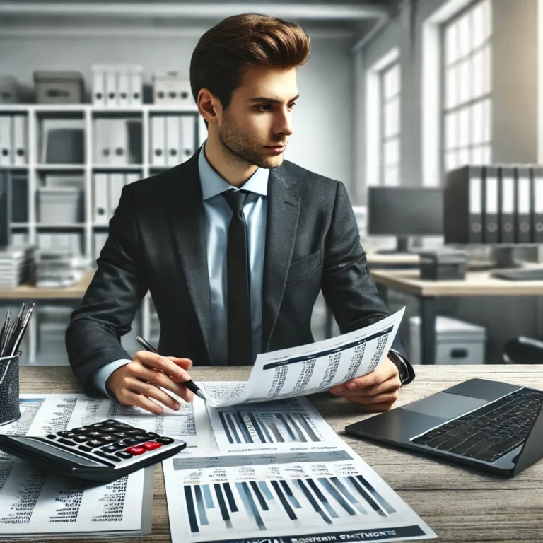 DALL·E 2024 10 28 18.22.05 A realistic image of an accountant in a professional office reviewing financial statements. The accountant dressed in business attire is focused on