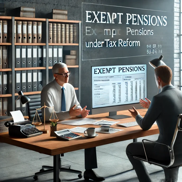 Concepto 837 01-10-2024: Tratamiento de pensiones exentas s/ reforma tributaria 9 DALL·E 2024 11 14 15.22.05 Create a realistic image illustrating the concept of exempt pensions under tax reform. Show a detailed office scene with an accountant or financial ad