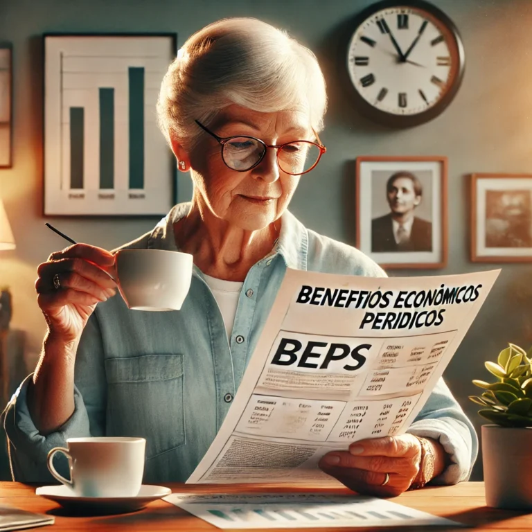 concepto 871 de 10-10-2024: Beneficios Económicos Periódicos – BEPS.- Sistema general de pensiones 8 DALL·E 2024 11 20 18.47.41 Una representacion realista del concepto de Beneficios Economicos Periodicos BEPS en el marco del sistema general de pensiones. La escena muestra a