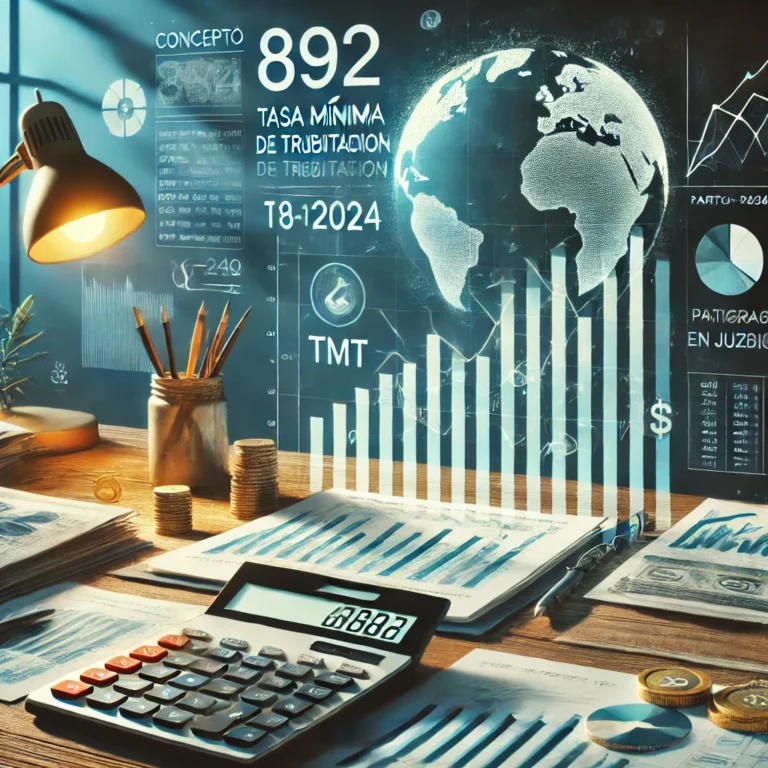 DALL·E 2024 11 20 19.37.08 Una representacion realista del Concepto 892 de 18 10 2024 sobre la Tasa Minima de Tributacion TMT y la diferencia en cambio. La escena muestra un p