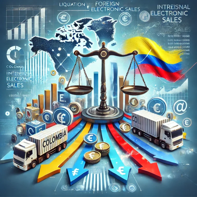 DALL·E 2024 12 18 09.14.41 A visually graphic representation of the liquidation of foreign electronic sales ESALES in Colombia. The image includes dynamic elements like arrows