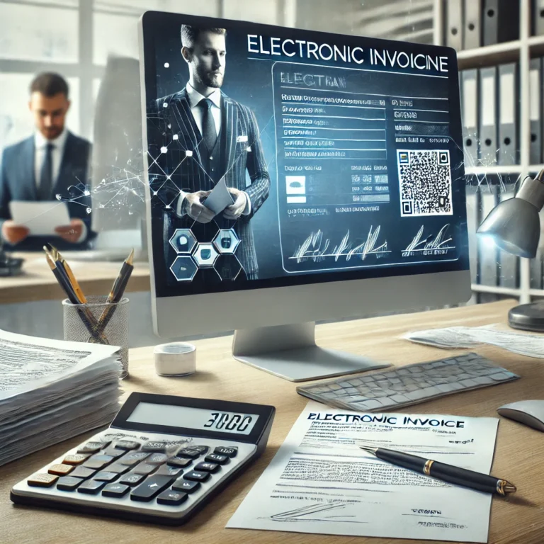 DALL·E 2024 12 18 09.21.39 A realistic depiction of electronic invoicing in a professional business environment. The image shows a computer screen displaying an electronic invoi
