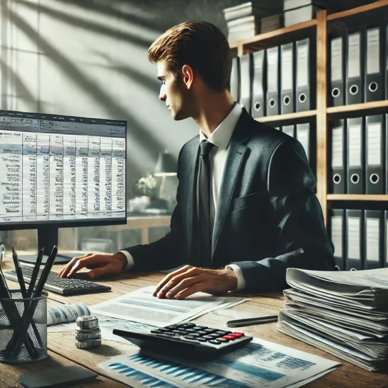 DALL·E 2024 12 18 09.47.27 A realistic and professional image of an accountant working in an office environment. The scene features the accountant at a desk surrounded by financ