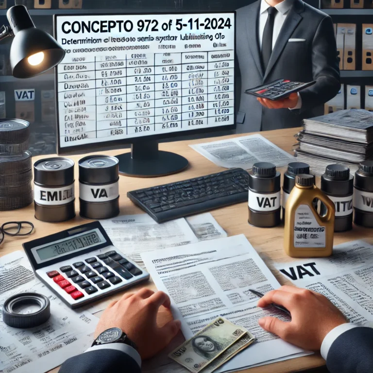 DALL·E 2024 12 18 10.08.16 A realistic and professional depiction of Concepto 972 of 5 11 2024 regarding the determination of the taxable base for VAT on semi synthetic motor lu