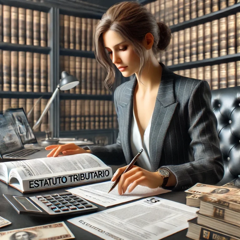 Sentencia Consejo de Estado 68001-23-33-000-2021-00403-01 (27689) 2 DALL·E 2024 12 18 10.12.08 A highly realistic depiction of a female accountant in a formal office environment working with the Estatuto Tributario ET. The scene shows her rev