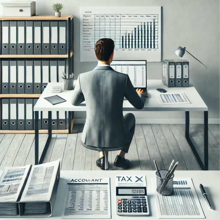 DALL·E 2024 12 18 10.22.37 A highly realistic depiction of a single accountant in a professional office environment. The scene features the accountant seated at a desk with a la