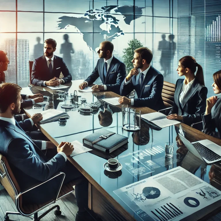 DALL·E 2025 02 07 00.22.27 A professional business setting with executives discussing financial and legal matters. A group of well dressed business professionals including a la