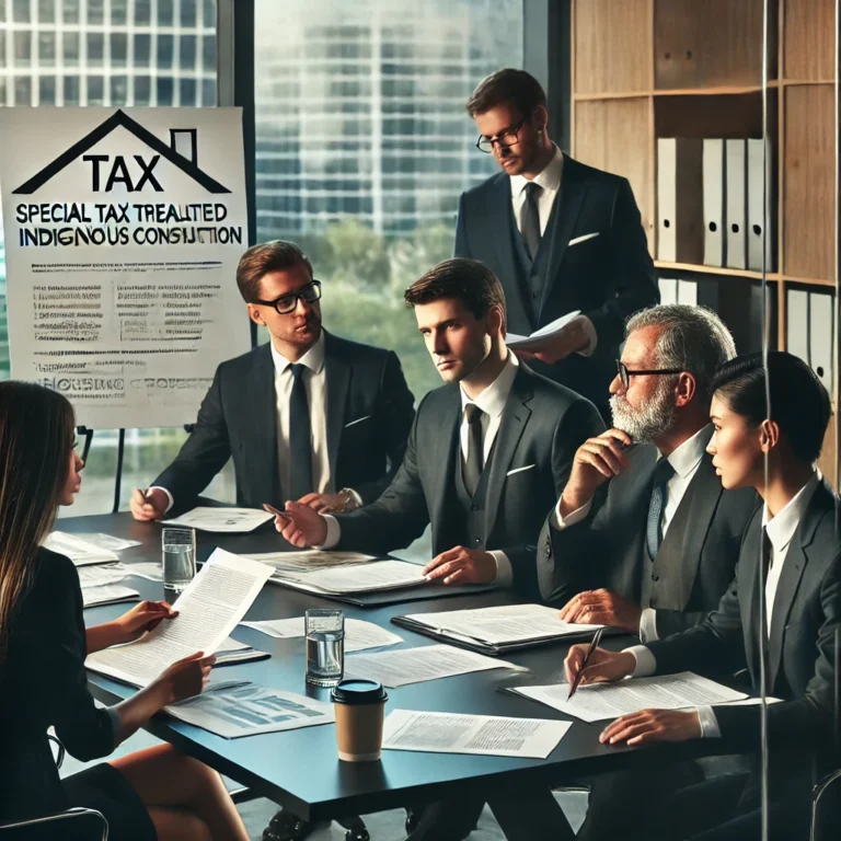 Concepto 2 de 03-01-2025: Devolución de IVA en la adquisición de materiales de construcción. 3 DALL·E 2025 02 07 00.39.31 A professional business setting where executives and legal experts are discussing tax policies related to indigenous housing construction. A group of