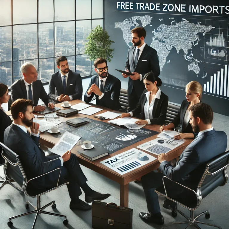Concepto 1259 de 27-12-2024: Aduanero - IVA Zona Franca 2 DALL·E 2025 02 07 00.50.05 A highly realistic professional business setting with executives and legal experts discussing tax regulations related to free trade zone imports. A gr