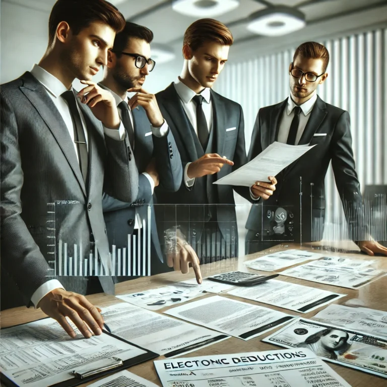 Concepto 1249 27-12-2024: Soporte de Costo, Documento Electrónico Cobro Peajes 1 DALL·E 2025 02 07 10.00.46 A professional business setting where executives in formal attire discuss legal documents related to tax deductions and electronic toll receipts. A se