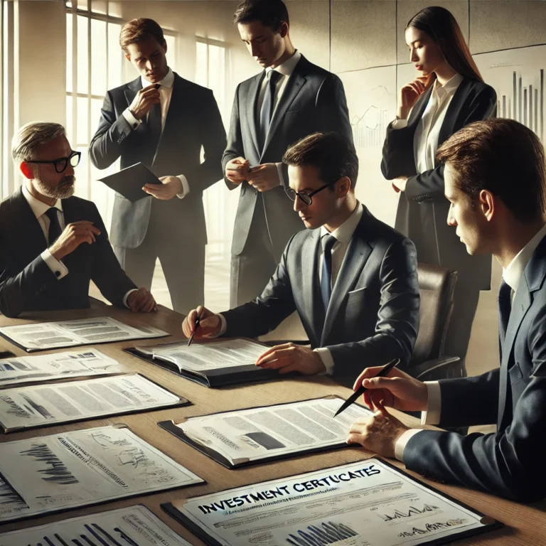 DALL·E 2025 02 07 10.05.22 A professional business setting where executives in formal attire discuss legal and financial documents related to investment certificates in the film