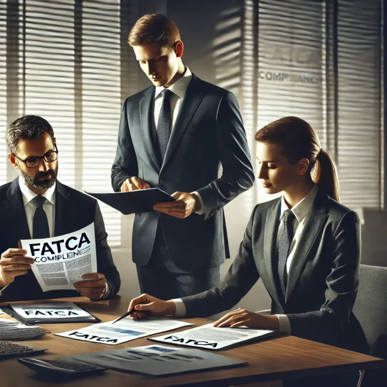 Concepto 1246 de 27-12-2024: Intercambio Automático de Información FATCA 9 DALL·E 2025 02 07 10.11.33 A professional business setting where financial executives in formal attire discuss FATCA compliance. They are reviewing tax documents and financial r