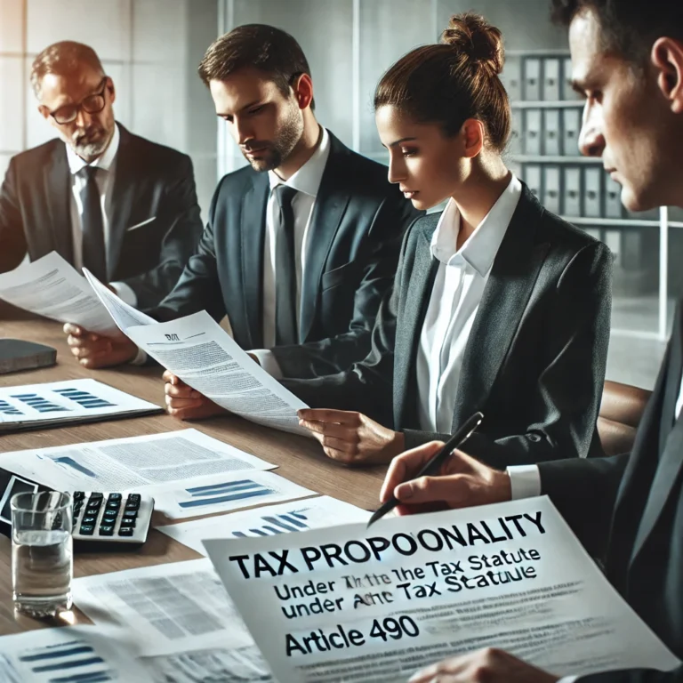 Concepto 1241 de 26-12-2024: IVA - Devoluciones- Prorrateo 8 DALL·E 2025 02 07 10.15.51 A professional business setting where executives in formal attire discuss legal and financial documents about tax proportionality under Article 490 of