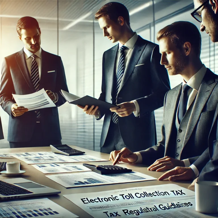Concepto 1240 de 26-12-2024: Documento Equivalente Electrónico -DEE peajes 7 DALL·E 2025 02 07 10.20.56 A professional business setting where executives in formal attire discuss electronic toll collection and tax implications. They are reviewing financia