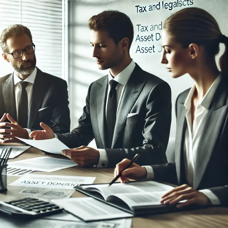 DALL·E 2025 02 07 10.26.57 A professional business setting where executives in formal attire discuss tax and legal aspects of asset donations. They are reviewing financial docum