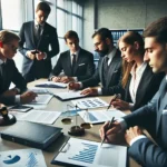 DALL·E 2025-02-14 12.40.48 - A professional executive-style photograph showing a group of business professionals in a meeting. They are discussing legal documents, with a focus on