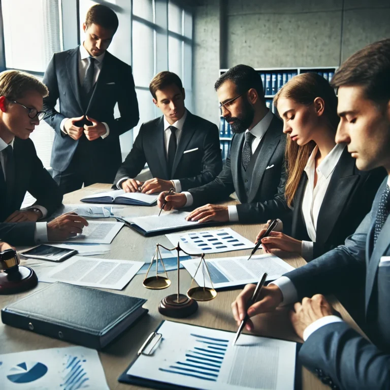 Ley 2545 de 11-02-2025: Modifica ley 1564 de 2012, Ley de Insolvencia 7 DALL·E 2025 02 14 12.40.48 A professional executive style photograph showing a group of business professionals in a meeting. They are discussing legal documents with a focus on