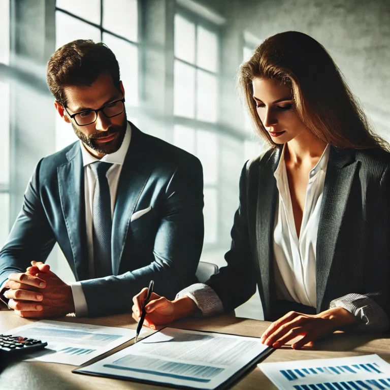 DALL·E 2025 02 14 12.47.36 A professional executive style photograph showing two business professionals in a meeting. They are discussing tax withholding regulations and reviewi