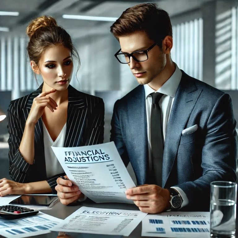 DALL·E 2025 02 14 12.56.19 A professional executive style photograph showing two business professionals in a modern office. They are discussing financial adjustments and electro