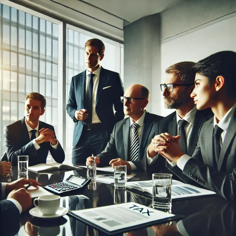 Concepto 50 de 014-01-2025: Impuesto de Renta 2 DALL·E 2025 02 15 11.59.03 A professional business meeting in a modern office setting. A group of executives including a lawyer in a suit is engaged in a serious discussion. T