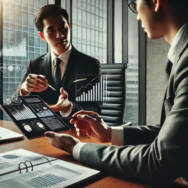 Concepto 49 de 14-01-2025: Factura electrónica 1 DALL·E 2025 02 15 12.04.47 A professional business setting with a legal and financial discussion. Two executives in formal attire are seated at a modern office desk reviewing d