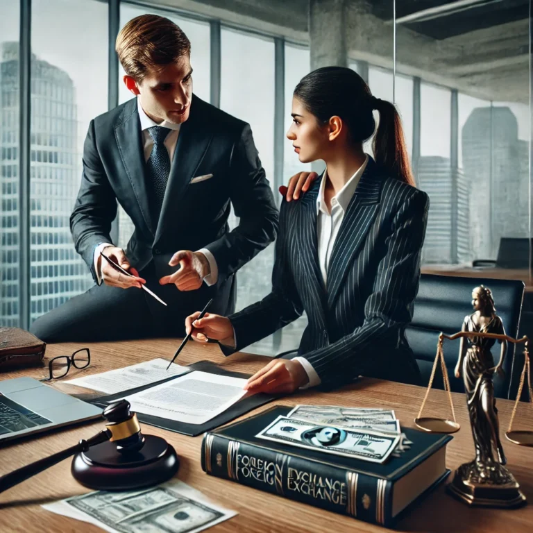 Concepto 26 de 09-01-2025: Aduanero - Cambiario 8 DALL·E 2025 02 15 12.14.03 A professional office setting with two legal professionals in formal attire discussing a tax and foreign exchange administrative case. One person is p
