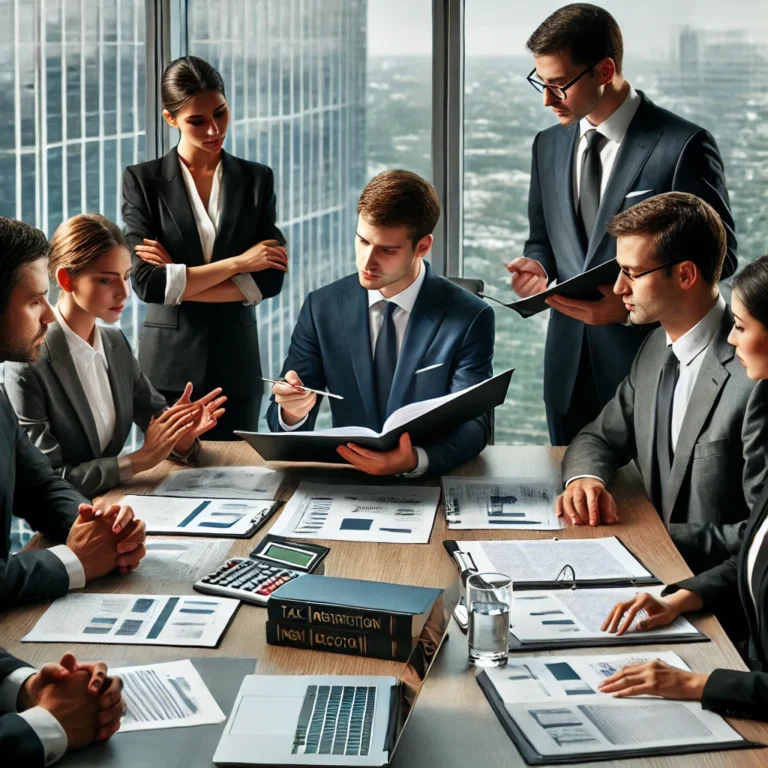 Concepto 23 de 09-01-2025: Procedimiento Tributario 8 DALL·E 2025 02 15 12.18.40 A professional office setting where a group of legal and tax professionals in formal attire are engaged in a discussion about a tax inspection documen