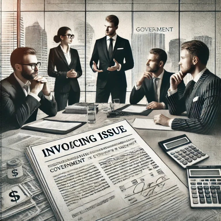 Concepto 12 de 07-01-2025: Factura electrónica 6 DALL·E 2025 02 15 12.28.07 A newspaper style image featuring a professional business setting. The scene shows executives and legal advisors in formal attire discussing an invoic