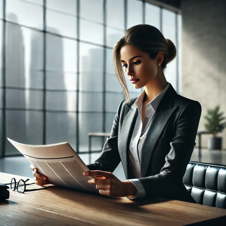 Consulte el listado actualizado de proveedor ficticio 6 DALL·E 2025 02 15 12.34.37 A realistic photo of a professional woman in business attire sitting at a modern office desk reading a newspaper with a focused expression. She is ho