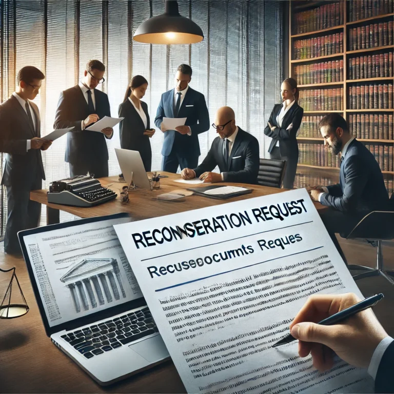 Concepto 43 de 14-01-2025: Retención en la fuente por pagos con tarjeta de crédito y débito 10 DALL·E 2025 02 21 12.44.54 A professional business setting where executives are reviewing legal documents related to a reconsideration request. The scene includes a modern offic