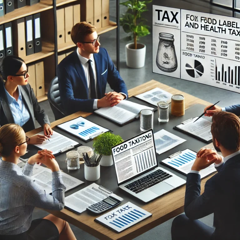 Concepto 32 de 13-01-2025: Impuestos Saludables 8 DALL·E 2025 02 21 12.54.21 A realistic office setting where a small group of professionals is discussing tax regulations on food labeling and health taxes. Two or three individu