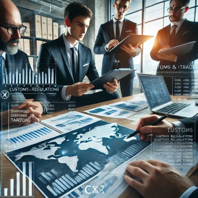 Concepto 27 de 09-01-2025: Aduanero 6 DALL·E 2025 02 21 12.58.27 A professional business setting where customs and trade experts are discussing import regulations and tariff classification. The scene includes a mode