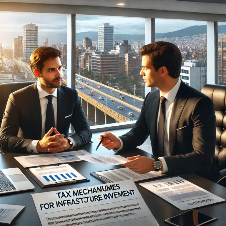 Decreto 054 de 2025: Obra por impuestos Alcaldía Mayor de Bogotá 1 DALL·E 2025 02 28 13.08.27 A realistic executive meeting with two business professionals in a modern office in Bogota Colombia. They are discussing financial documents related
