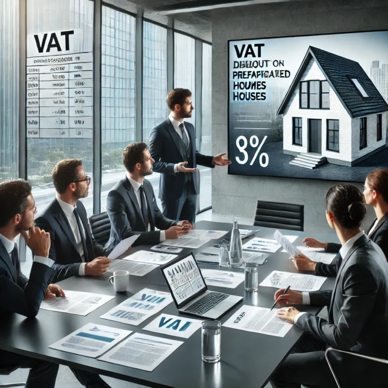 Concepto 125 de 31-01-2025: IVA en casas modulares 2 DALL·E 2025 02 28 13.11.36 A professional business meeting discussing tax regulations on modular homes in Colombia. A small group of executives in formal attire is seated around
