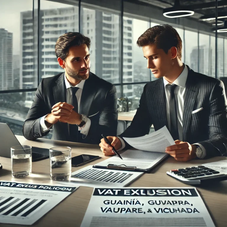 Criterios oficiales sobre el IPUSUI. 2 DALL·E 2025 02 28 13.14.31 A professional business setting with two executives in a modern office in Colombia discussing VAT exclusion policies for consumer sales in Guainia G
