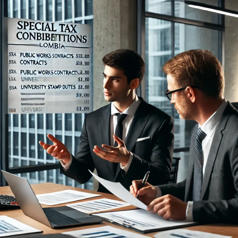 Concepto 003206 int 356 de 17-03-2025: Retención en la fuente 2 DALL·E 2025 02 28 13.18.56 A professional business meeting discussing special tax contributions in Colombia. Two business professionals in a modern office are analyzing financia