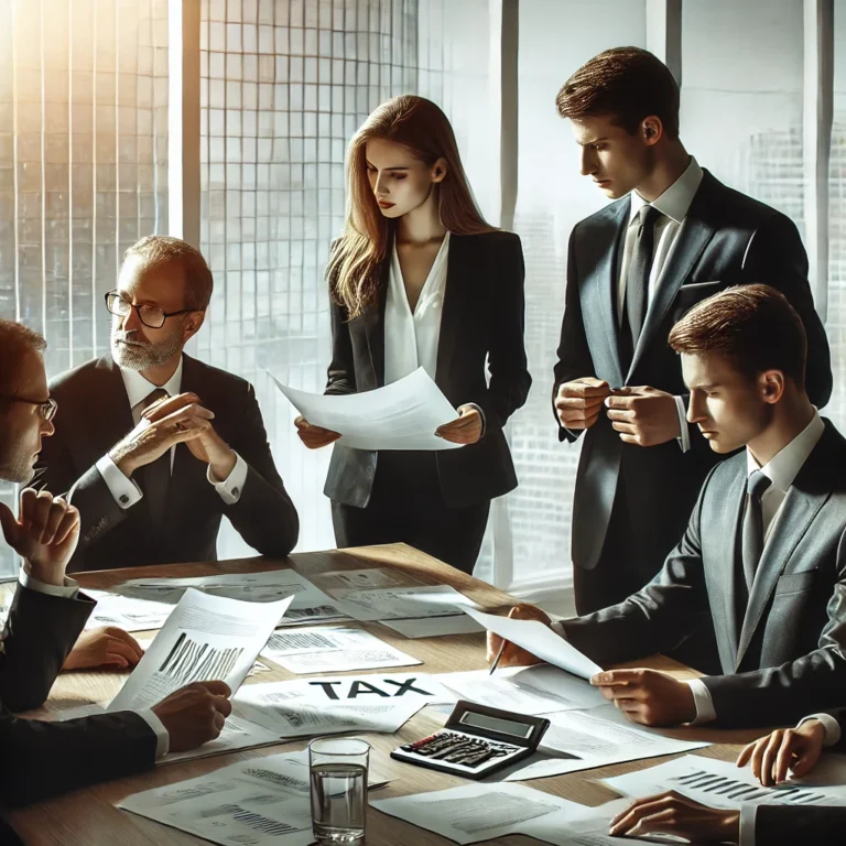DALL·E 2025 03 01 11.08.01 A professional business meeting in a modern office setting. Several executives in formal attire are discussing financial documents and tax related mat