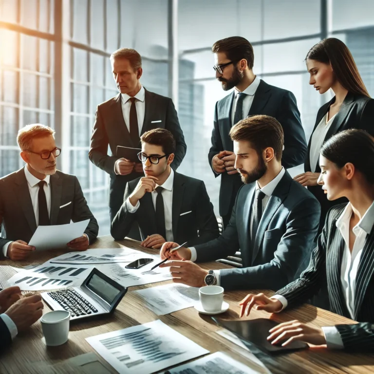 DALL·E 2025 03 01 11.13.01 A professional business meeting in a modern office setting. Several executives in formal attire are discussing financial transactions and tax regulati