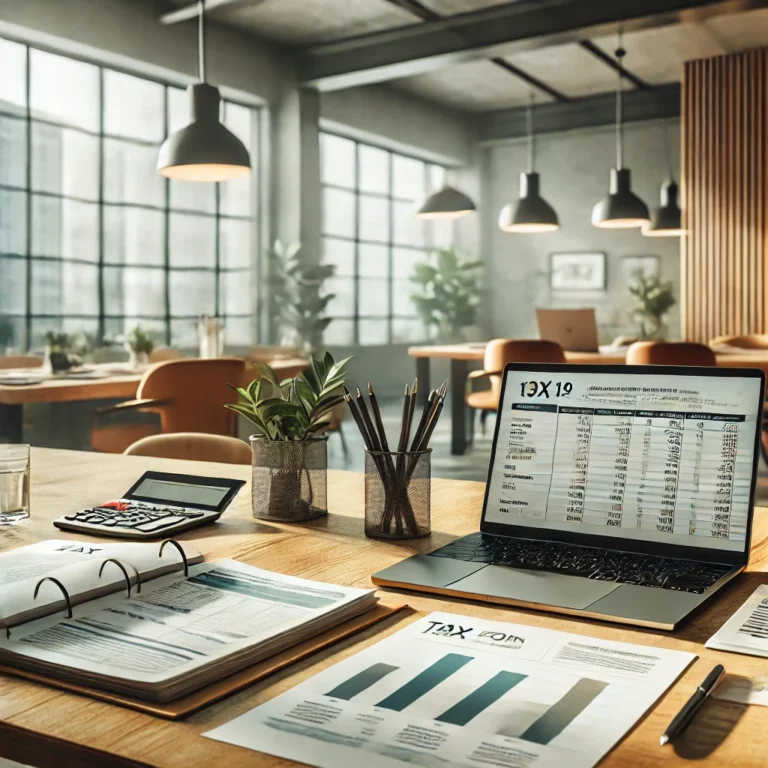 DALL·E 2025 03 01 11.20.19 A professional and modern office environment with financial documents a laptop displaying tax reports and cooperative financial statements on a wood