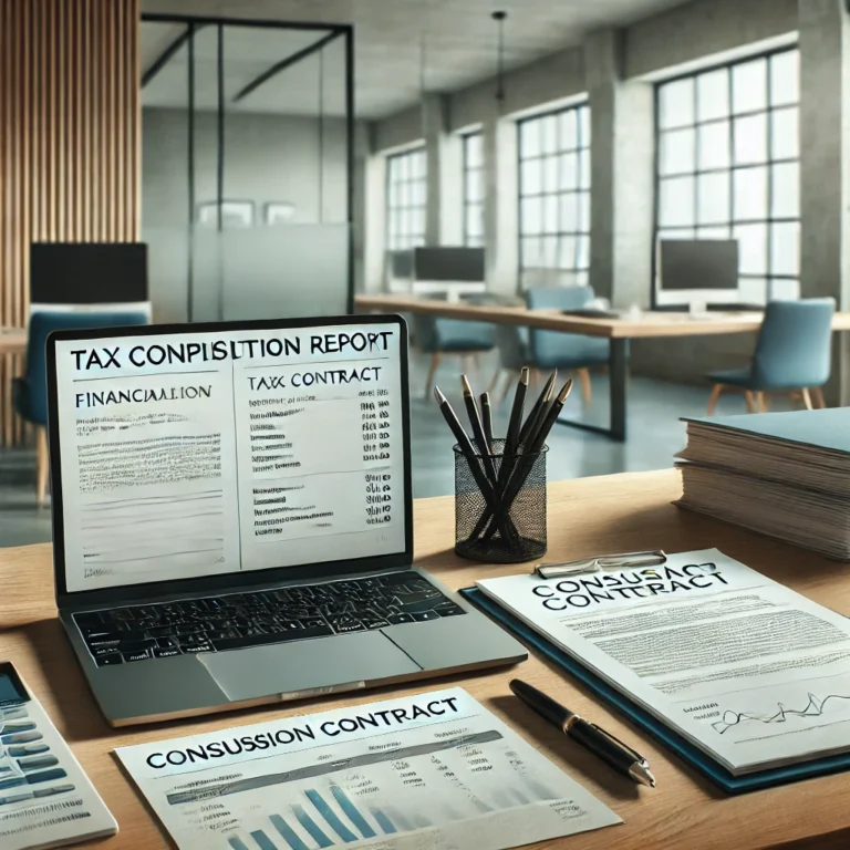 DALL·E 2025 03 01 11.23.48 A professional and modern office environment with financial documents a laptop displaying tax contribution reports and concession contract statement