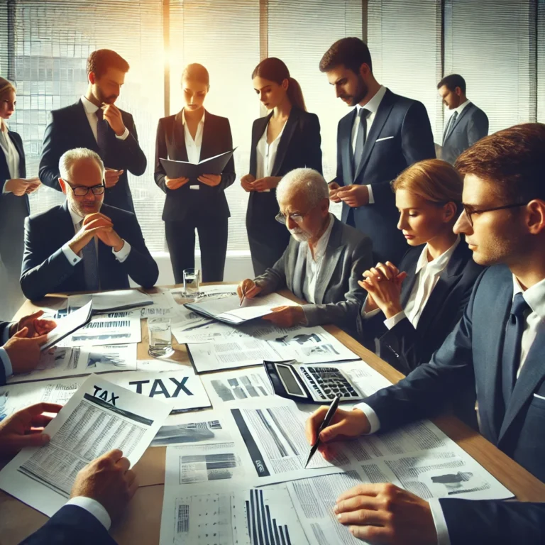 DALL·E 2025 03 01 11.29.07 A professional business meeting in a modern office setting. Several executives in formal attire are discussing tax withholding policies and fiscal reg